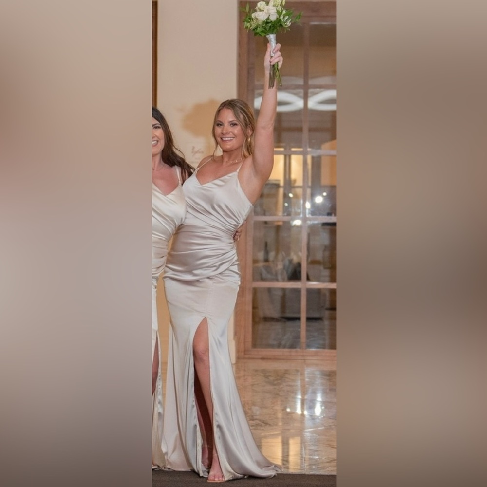 Revelry Rory Satin Bridesmaid Dress. Color: Soft Champagne. Size: 10